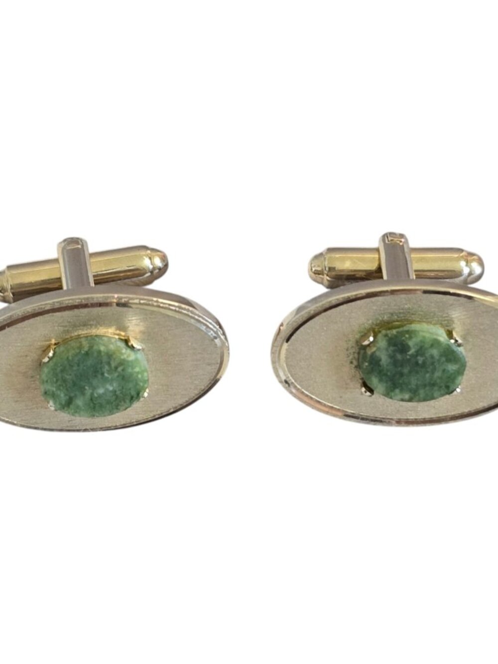 Vintage Dante Gold Tone Oval Cufflinks Green Stone 4-Prong Setting